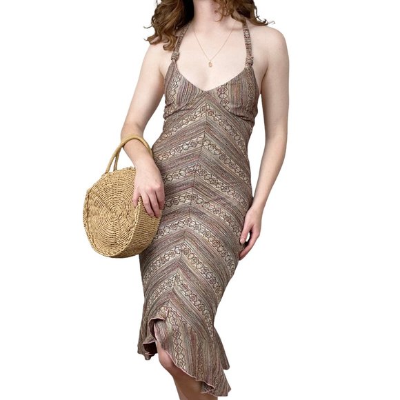 Vintage Dresses & Skirts - Vintage Multicolor Halter Knit Bodycon Fitted Ruffle Midi Summer Y2K 90s Dress